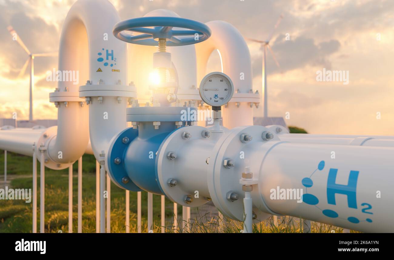 Wasserstoffpipeline mit Manometer und Windkraftanlagen Kraftwerke im Hintergrund bei Sonnenuntergang. Abbildung des Konzepts „Wasserstoff-Null-Emission-Energiespeicherung“ Stockfoto