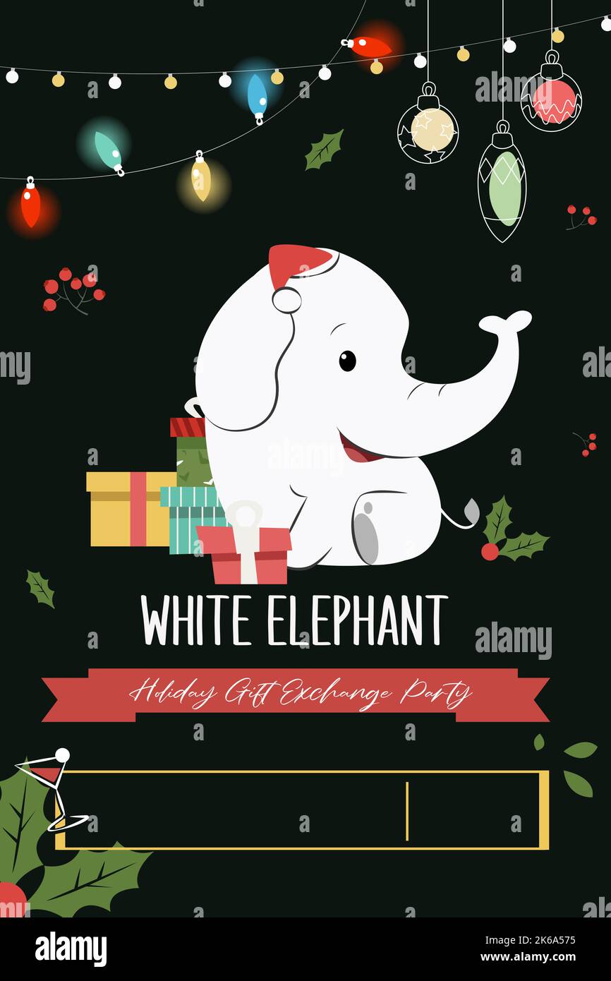 Eine Vektordarstellung der Einladungskarte für Geschenke des weißen Elefanten Stock Vektor
