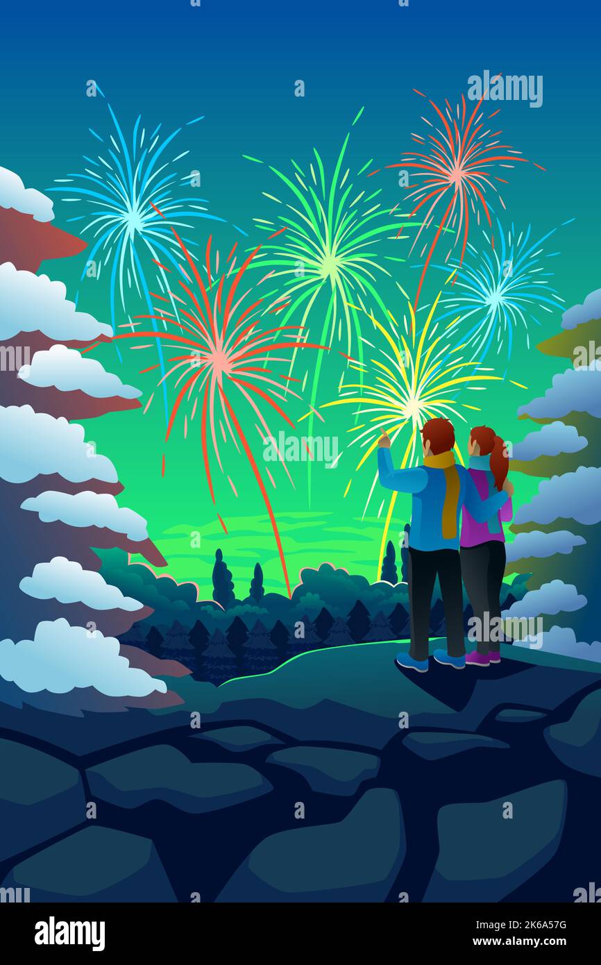 Eine Vektordarstellung des Paares, das Neujahrsfest-Feuerwerk ansieht Stock Vektor