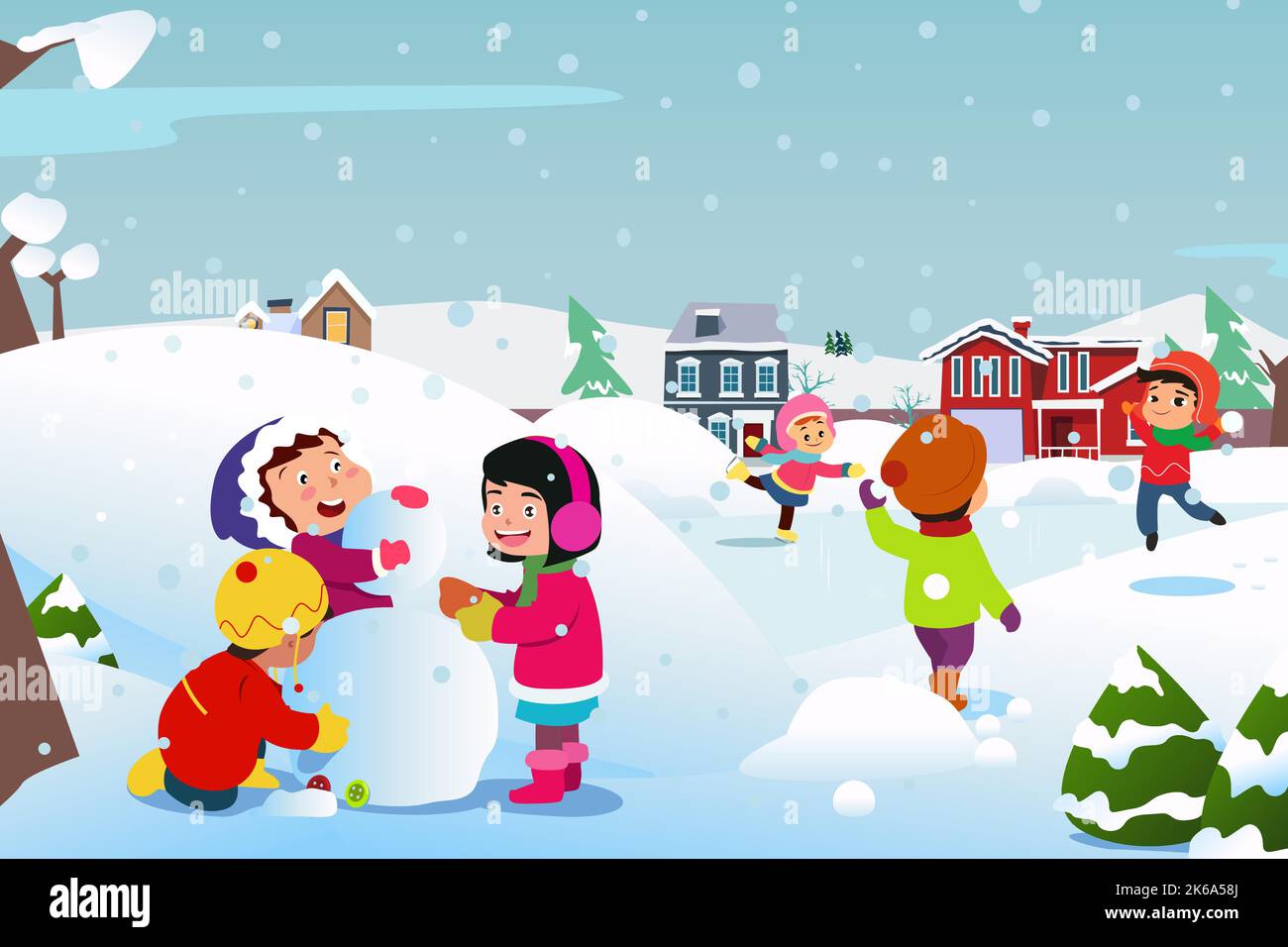 Eine Vektordarstellung von Happy Children, die im Winter draußen spielen Stock Vektor