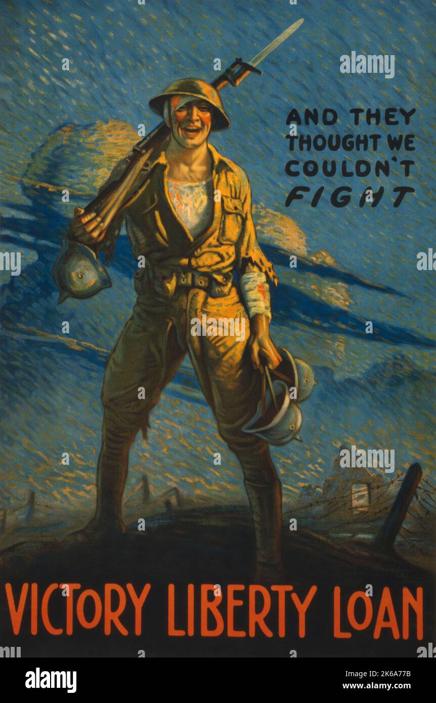 Altes militärisches Propagandaplakat des 1. Weltkriegs eines verwundeten amerikanischen Soldaten auf dem Schlachtfeld. Stockfoto