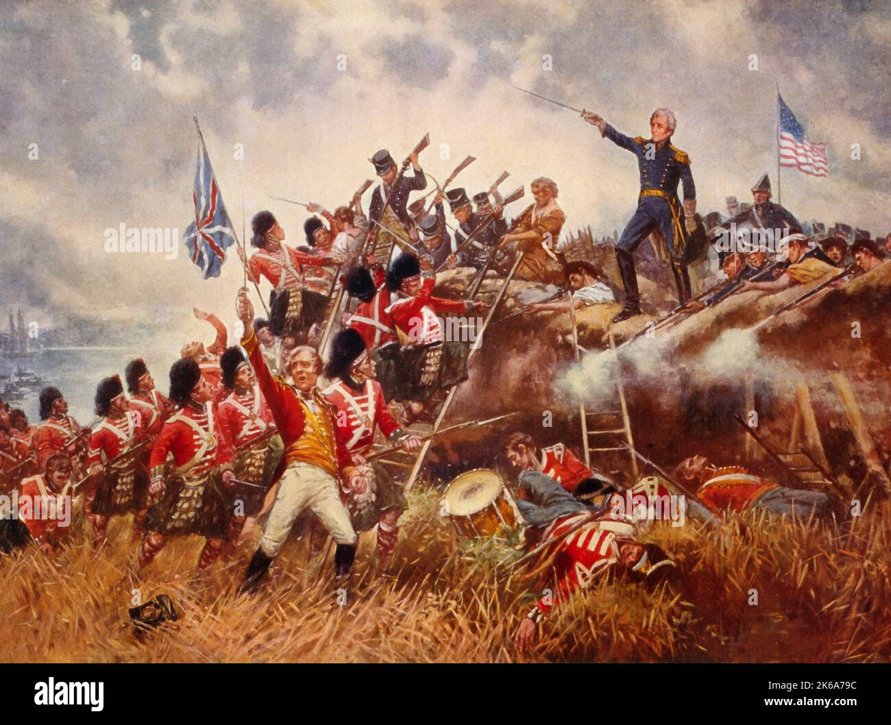 Gemälde von Andrew Jackson und seinen Truppen in der Schlacht von New Orleans. Stockfoto