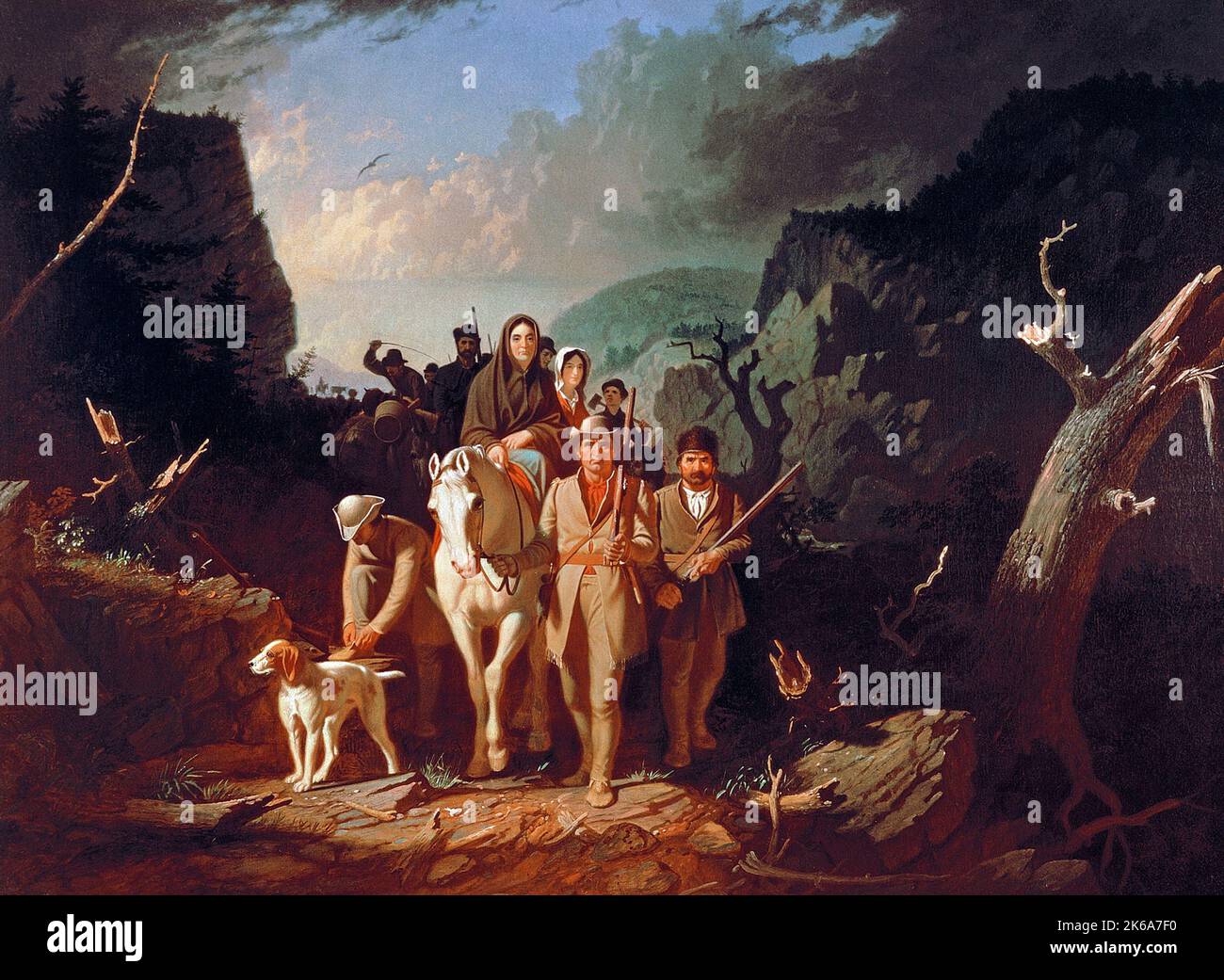 Gemälde aus dem 19.. Jahrhundert von Daniel Boone, der Siedler durch die Cumberland Gap begleitet. Stockfoto