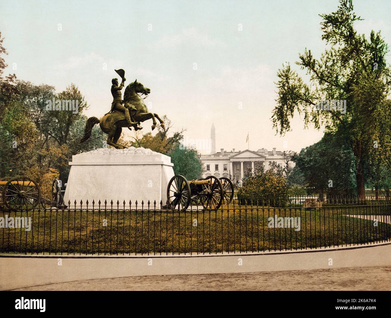 Photochromdruck des Andrew Jackson Denkmals vor dem Weißen Haus. Stockfoto