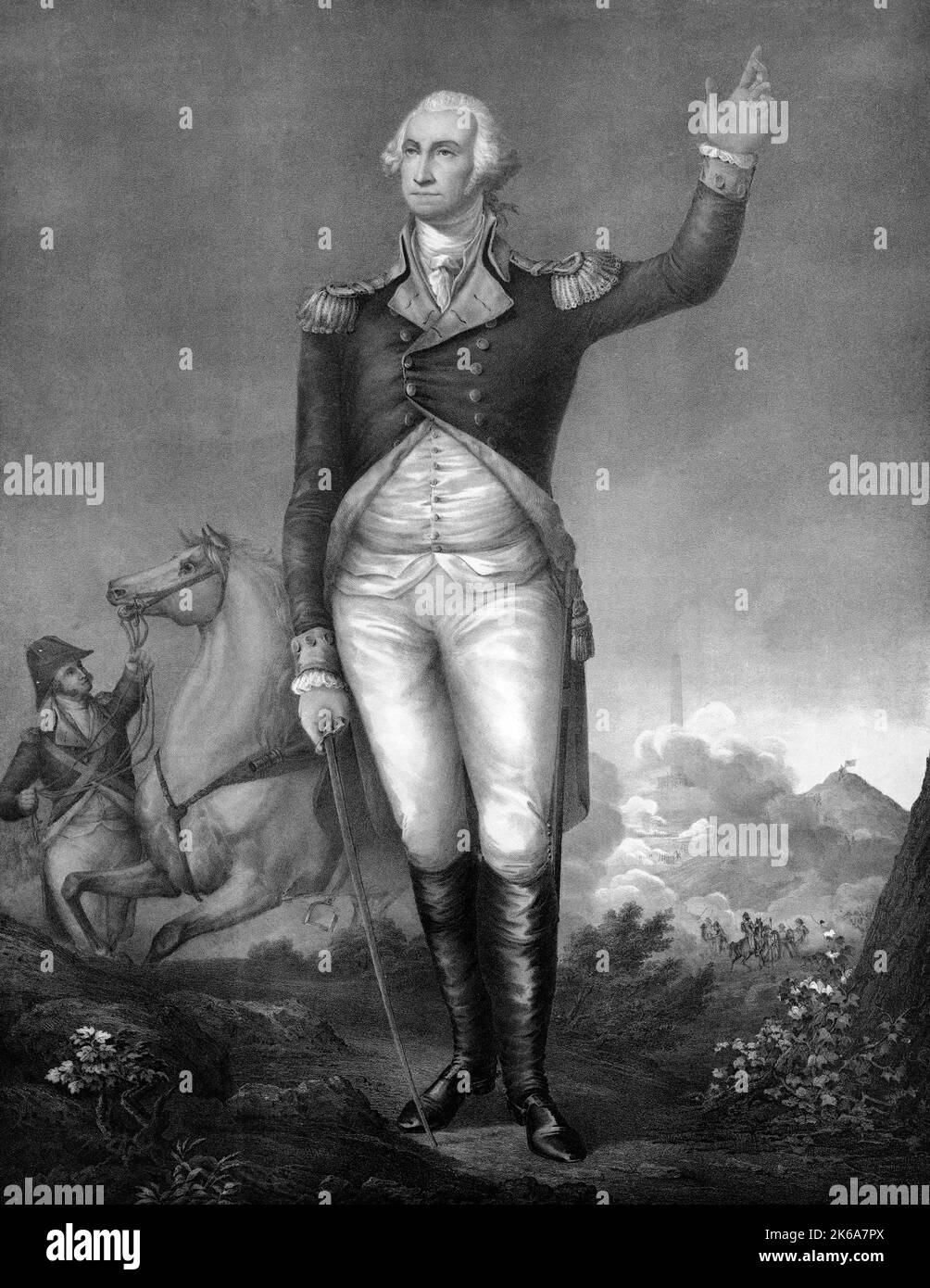 Lithographie von George Washington in Uniform während des amerikanischen Revolutionskrieges. Stockfoto