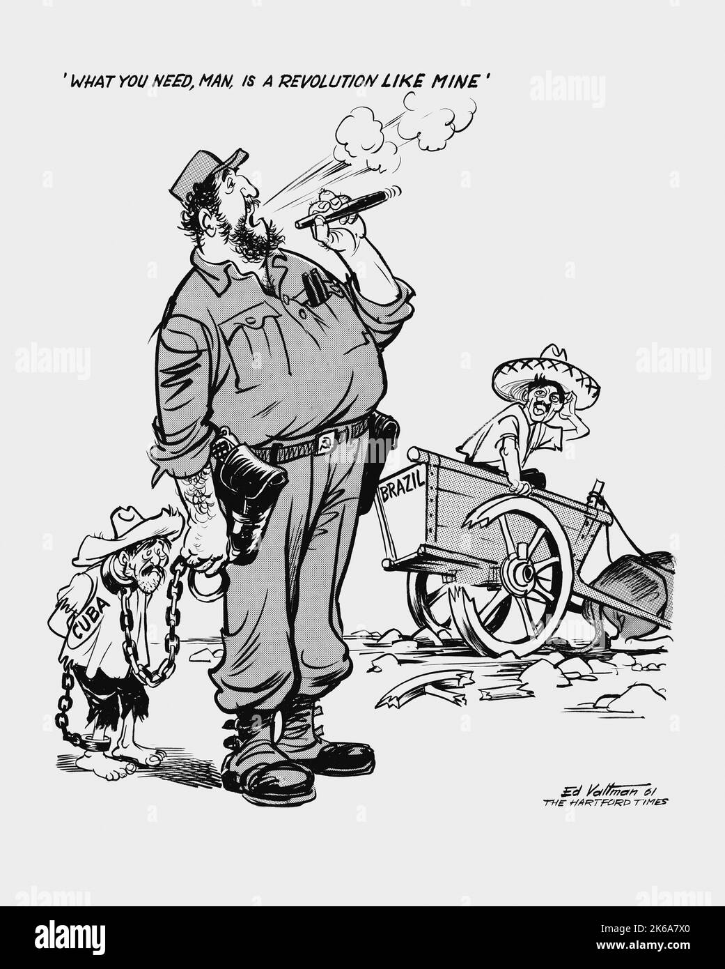 Politische Karikatur mit Fidel Castro, die sich über kleine Figuren, die Kuba und Brasilien repräsentieren, hinabzeichnet. Stockfoto