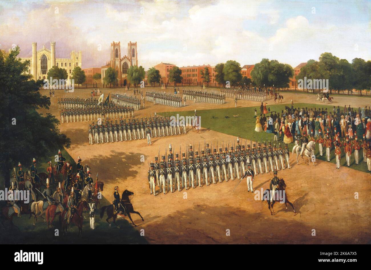 19. Jahrhundert Gemälde des Siebten Regiments Montage zur Überprüfung auf Washington Square, New York. Stockfoto