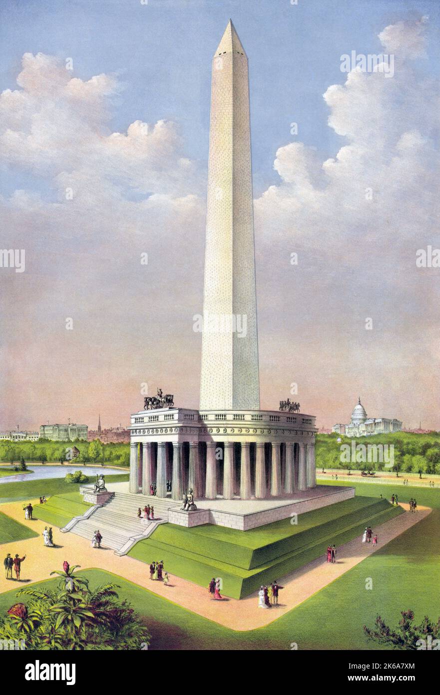 Chromolithographie des National Washington Monument, um 1885. Stockfoto