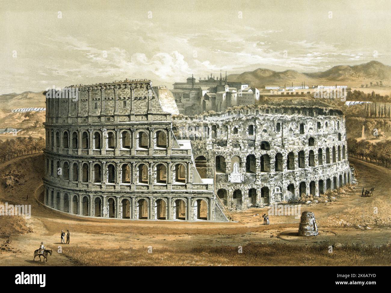 Lithographie des Kolosseums in Rom, auch bekannt als Flavian Amphitheater, um 1872. Stockfoto