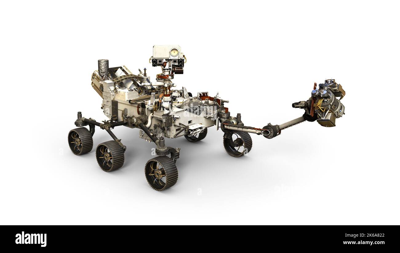 Mars Perseverance Rover auf weißem Hintergrund. Stockfoto