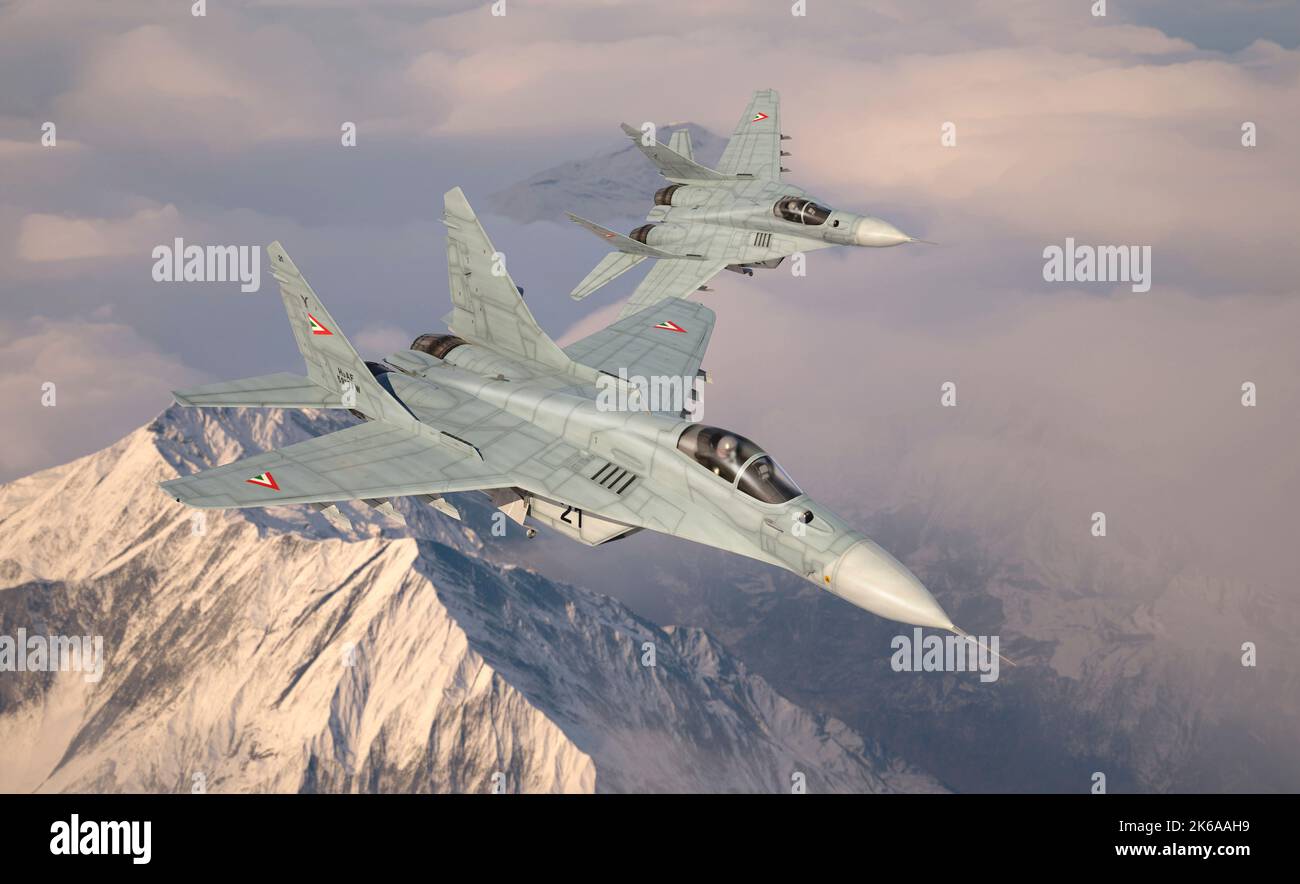 3D Illustration von zwei MiG-29 Kampfflugzeugen, die über den Wolken fliegen. Stockfoto