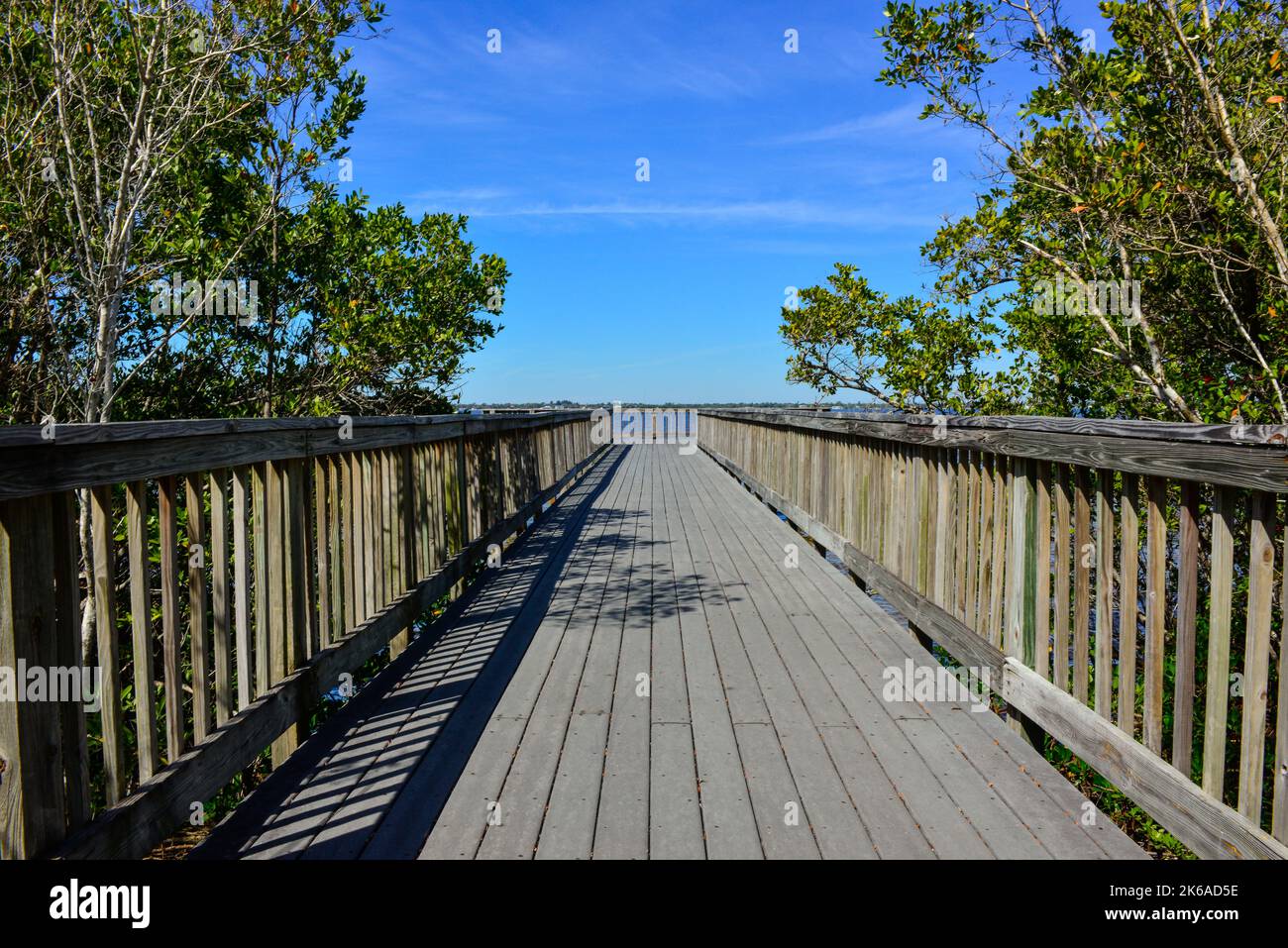 Blick über den Peace River zwischen Port Charlotte und Punta Gorda, Florida von einem Erholungsweg mit Aussichtsplatten im Trabue Park Stockfoto