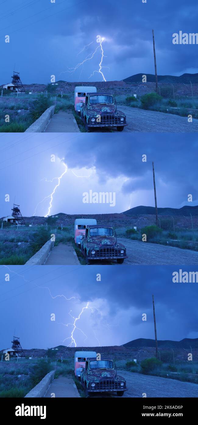 Blitz, Bergewerk und Trucks Triptych Stockfoto