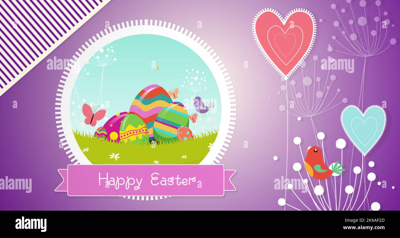 Bild von fröhlichem ostertext über farbigen Eiern im Feld auf violettem Hintergrund mit Vögeln und Herzen. Ostern, Feiertage, Fest, Tradition und Fest Stockfoto