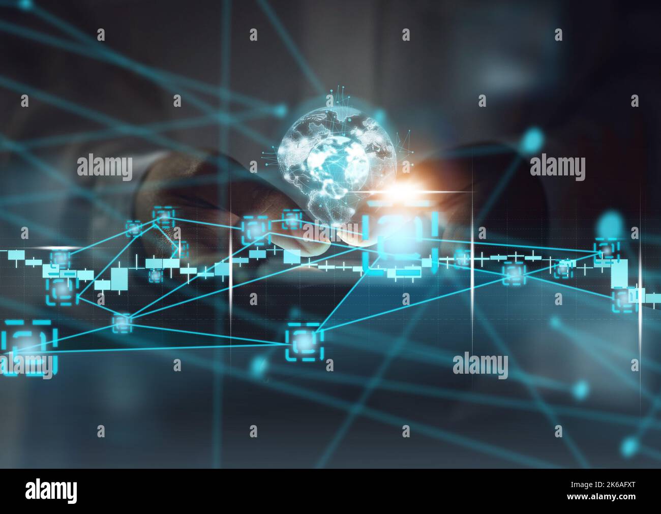 Networking, digitale Transformation und Telefon mit Händen der Frau für globales Internet, Kommunikation und Technologie abstrakt. Soziale Medien, Kontakt und Stockfoto