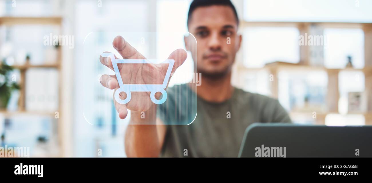 Man Online-Warenkorb, Hologramm und E-Commerce-Tech-Verbindung, Lebensmittelnetzwerk und Fintech digitales Marketing. Hände, Webshop-Oberfläche und Benutzer Stockfoto