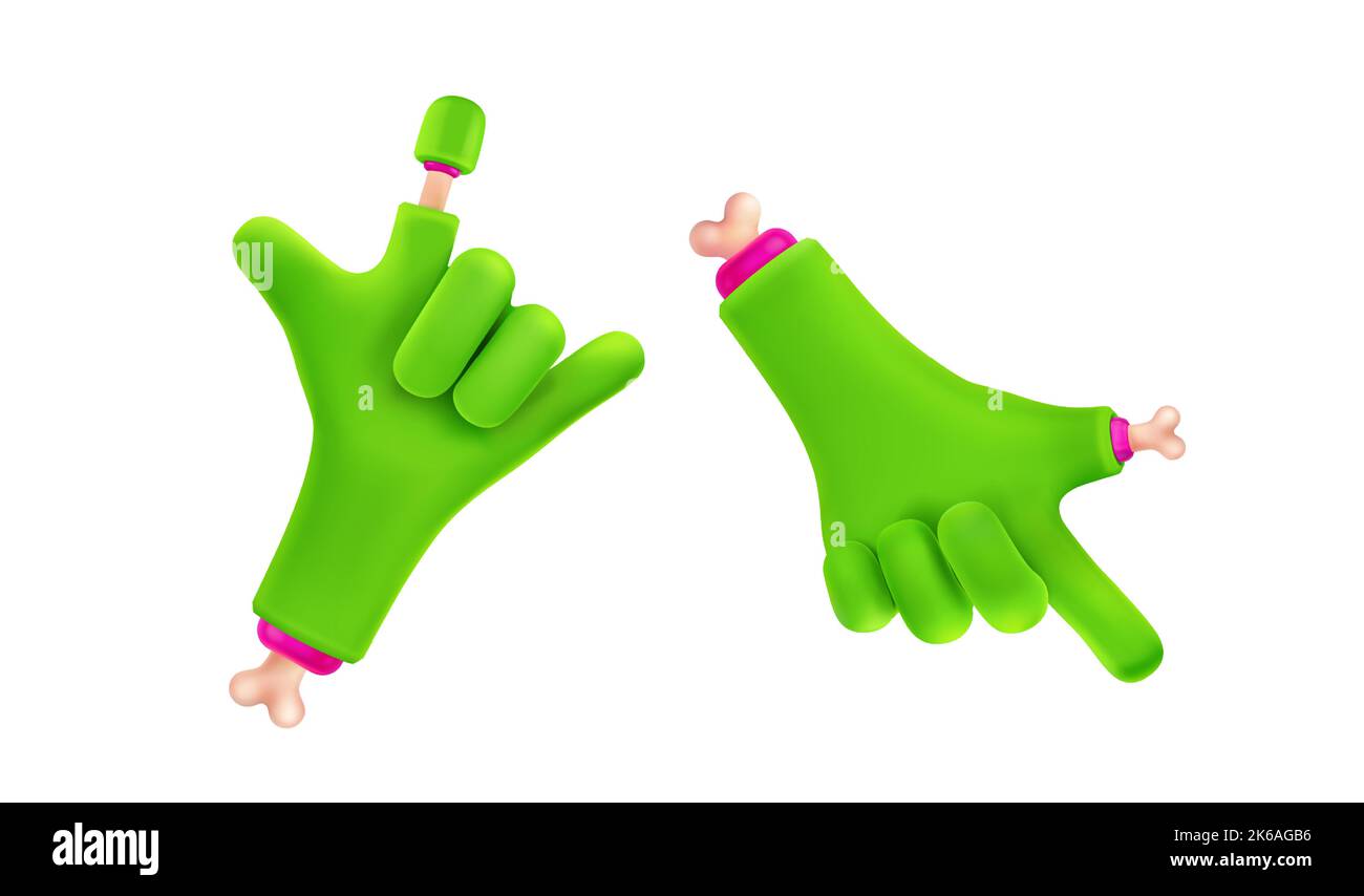 Zombie Hands 3D Render, grüne Monster Charakter Handfläche zeigt nach oben und unten Gesten. Lustige Halloween Personage Finger mit Knochen isoliert auf weißem Hintergrund, Illustration in Cartoon-Kunststoff-Stil Stock Vektor