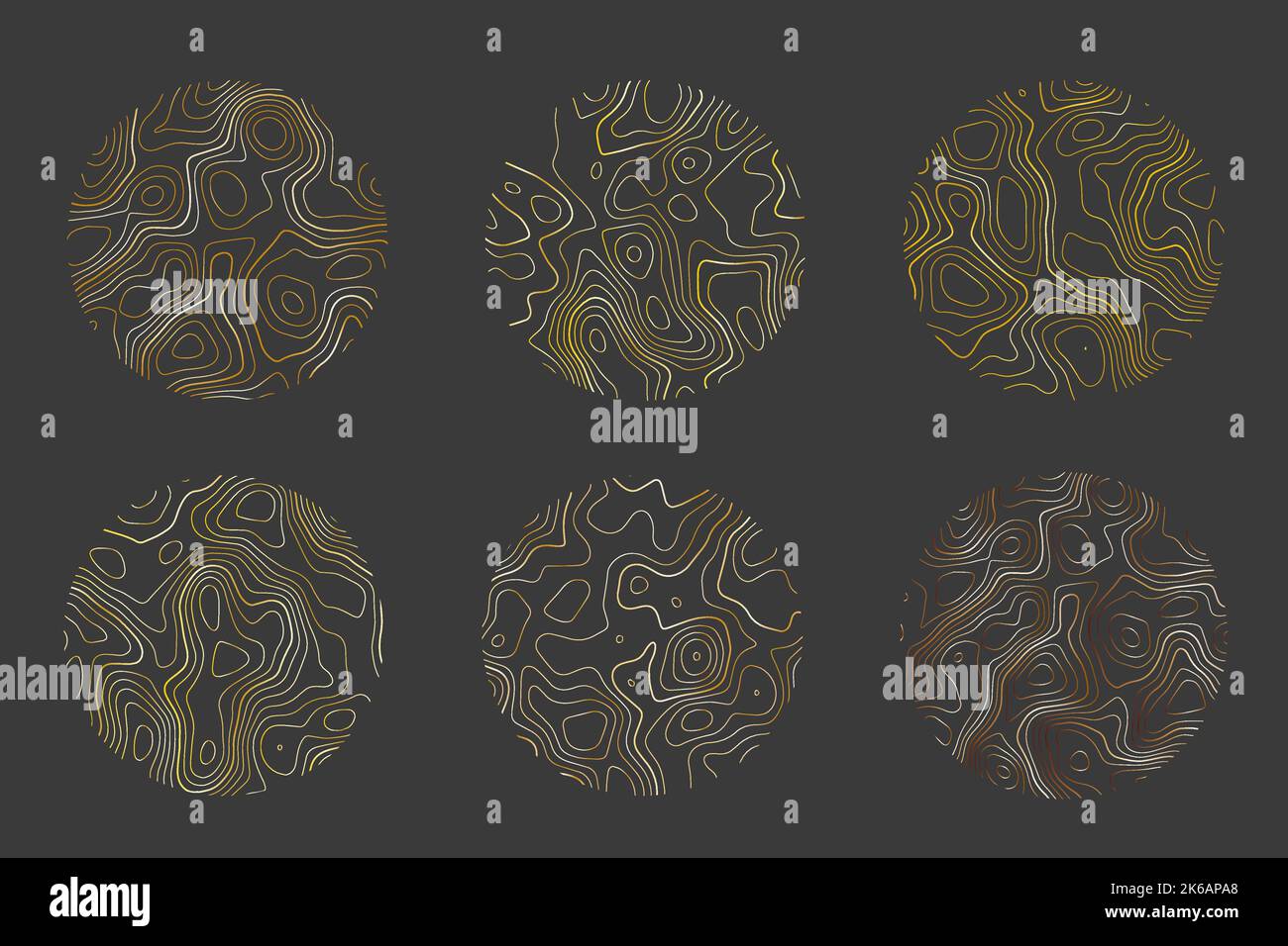 Holzstruktur mit topografischen Linien. Organische Wellenmuster mit Welligkeit. Baumringe gesetzt. Vektor-Doodle-Illustration mit Metallgradient. Stock Vektor