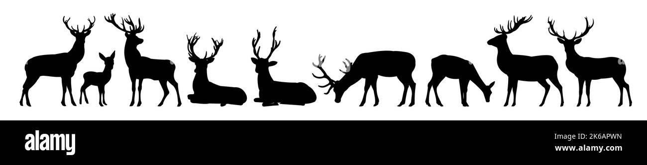 Deer Silhouette Set. Erwachsene kleiden Männer und Kittel mit Jungen. Wilde Tiere. Isoliert auf weißem Hintergrund. Vektor Stock Vektor