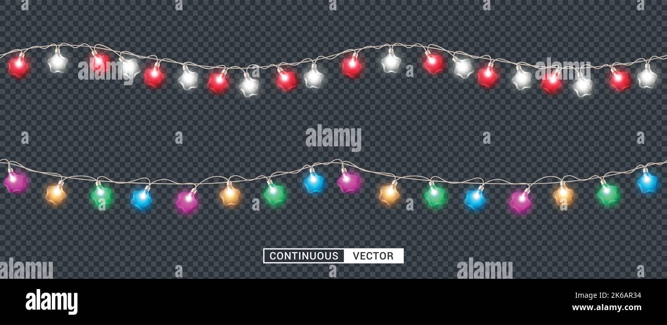 Weihnachten kontinuierliche Lichter Vektor-Set-Design. Nahtlose und endlose funkelnde Weihnachtsbeleuchtung Kollektion in transparentem Hintergrund. Vektorgrafik. Stock Vektor