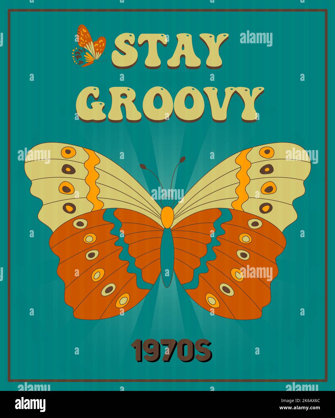 Retro groovy Poster 60s 70s mit groovy Schmetterling für Karten, Aufkleber oder Poster Design. „Typografie“-Slogan. Stock Vektor