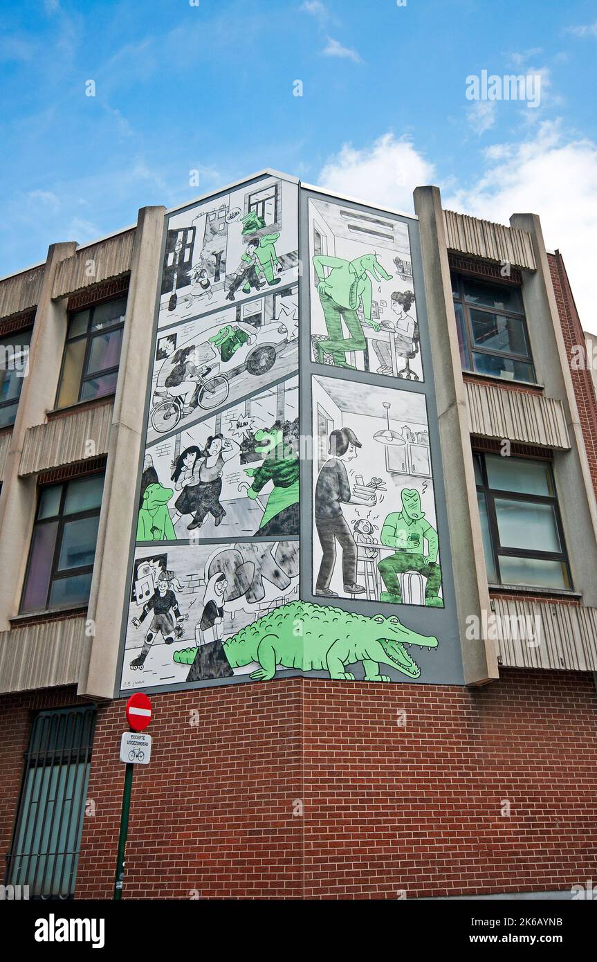 Wandbild mit Cartoon-Blase (Comic Strip Route) in Brüssel, Belgien Stockfoto