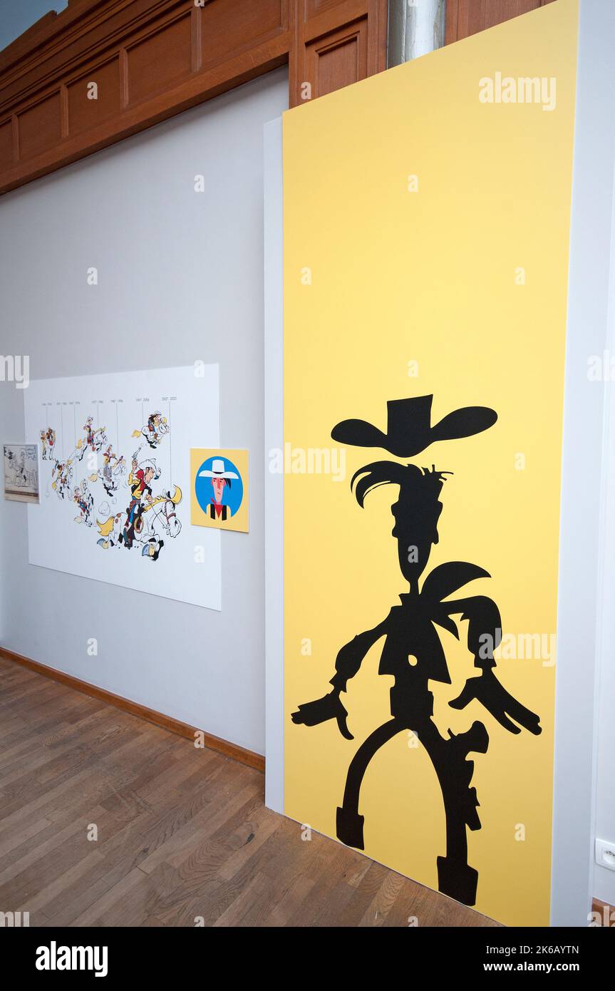 Lucky Luke, Figur, die 1946 von Maurice de Bevere (bekannt als Morris), Comics Art Museum, Brüssel, Belgien, geschaffen wurde Stockfoto