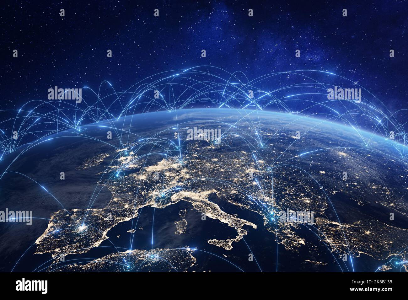 Kommunikationstechnologie mit globalem Internet-Netzwerk in Europa verbunden. Telekommunikation und Datenübertragung europäische Verbindungsverbindungen. IoT, Finanzen Stockfoto