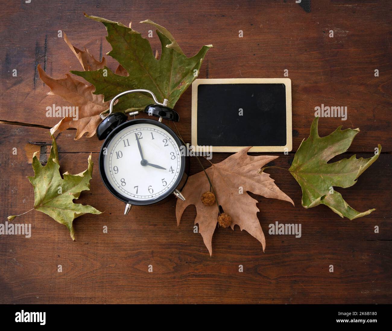 Rückfall, Sommerzeit. Schwarzer Wecker leeres Etikett und Herbstblätter auf Holztisch, Draufsicht Stockfoto
