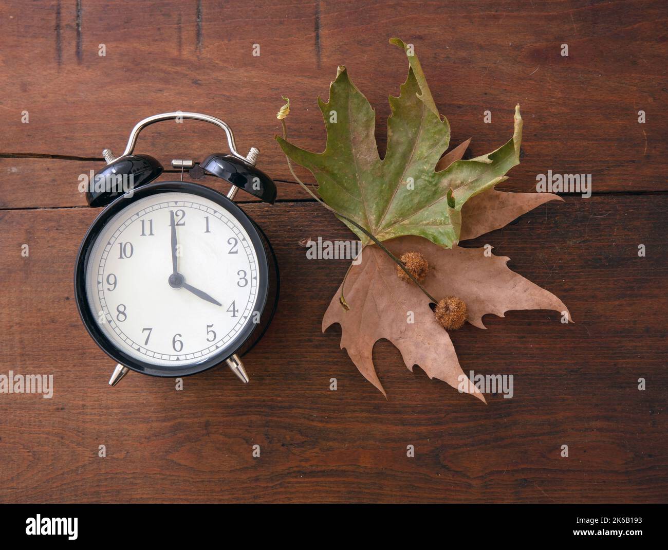 Rückfall, Sommerzeit. Schwarzer Wecker und Herbstblätter auf Holztisch, Draufsicht Stockfoto