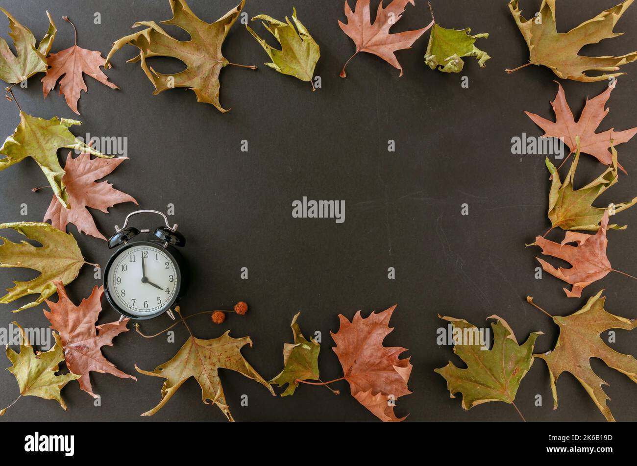 Rückfall, Sommerzeit. Schwarzer Wecker und Herbstblätter Rahmen auf schwarzem Hintergrund, Draufsicht, Tepmlate Stockfoto