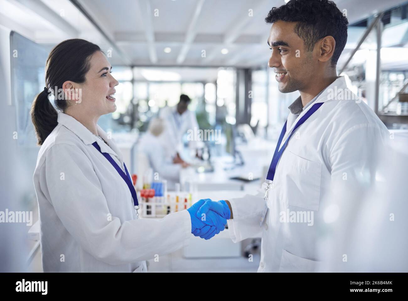 Zwei verschiedene professionelle Wissenschaftler schütteln sich die Hände, während sie blaue Handschuhe und Laborkittel tragen. Zwei Ärzte stimmen zu und gratulieren einem Stockfoto