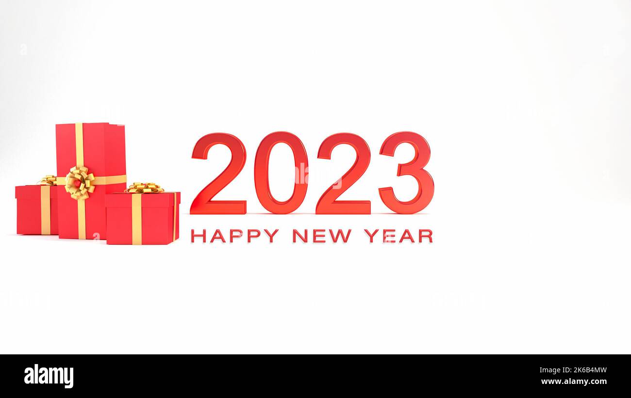 2023 3D Text mit roten Geschenkschachteln und goldenen Bändern, glückliches Neujahr Hintergrundkonzept. Stockfoto