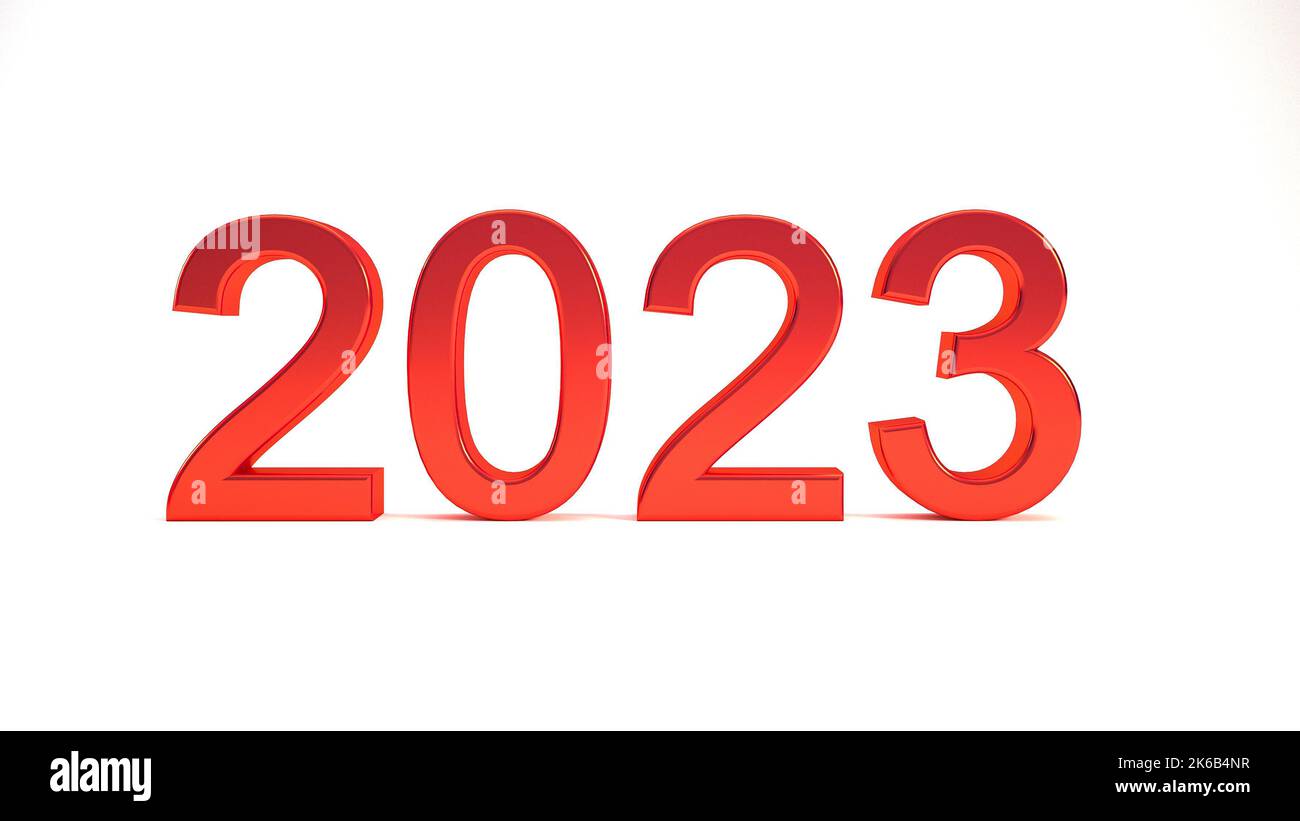 Roter 2023 3D Text isoliert auf weißem Hintergrund, glückliches Neujahr Hintergrundkonzept 3D Rendern. Stockfoto
