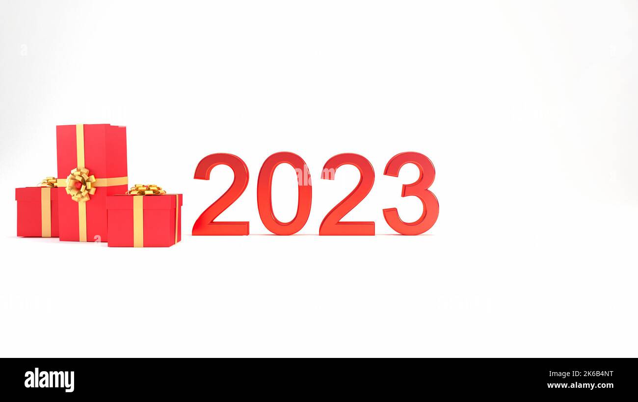 2023 3D Text mit roten Geschenkschachteln und goldenen Bändern, glückliches Neujahr Hintergrundkonzept. Stockfoto