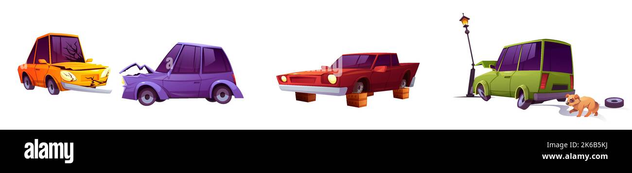 Autos beschädigt in Verkehrsunfall Cartoon-Set isoliert auf weißem Hintergrund. Autos mit kaputtem Glas, beschädigten, gestohlenen Rädern, zerbrochener Haube, Kabine. Verkehr Stock Vektor