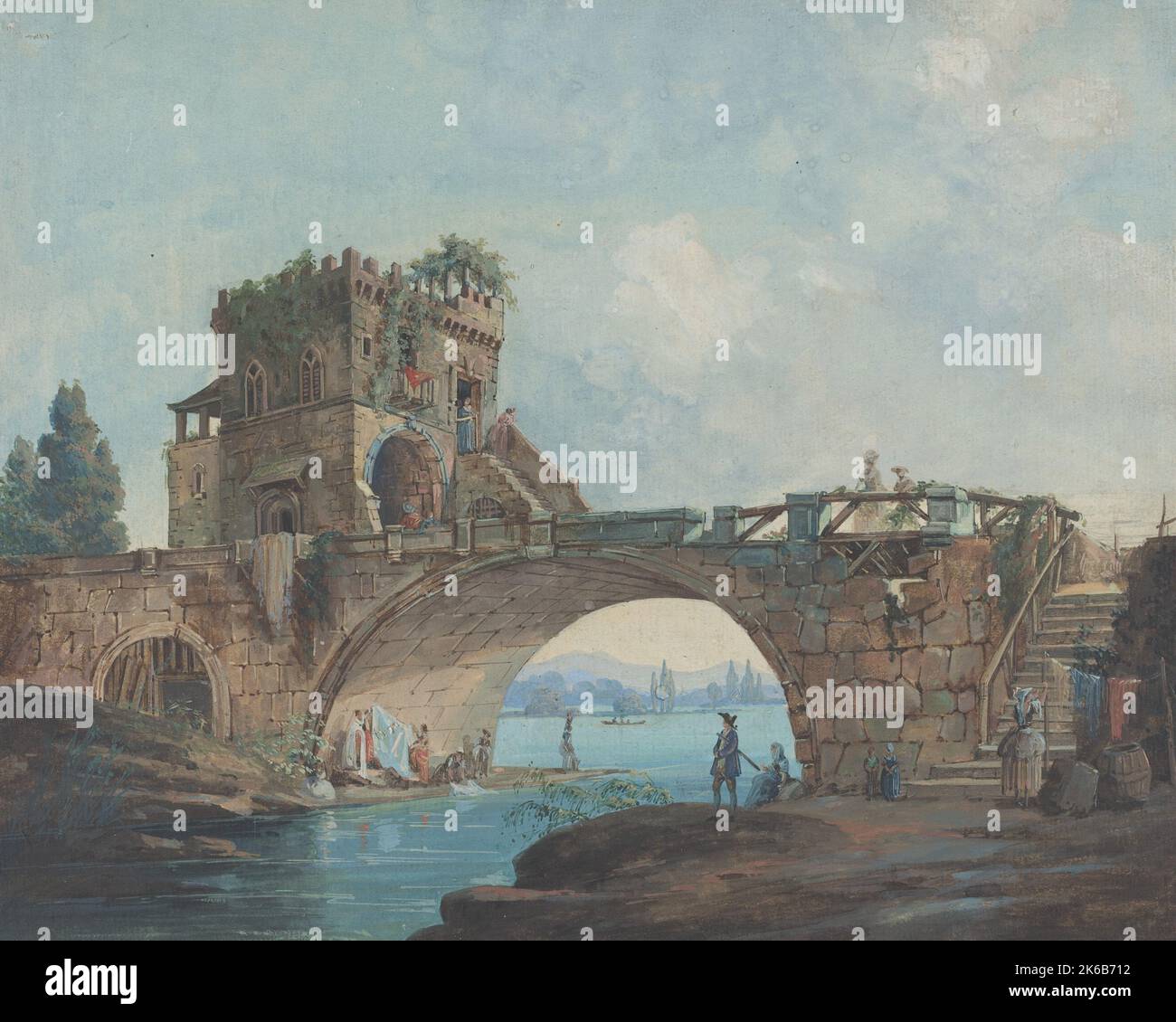 Französisch 18. Jahrhundert nach Hubert Robert die Ponte Salario mit Laundresses, c. 1780 Stockfoto