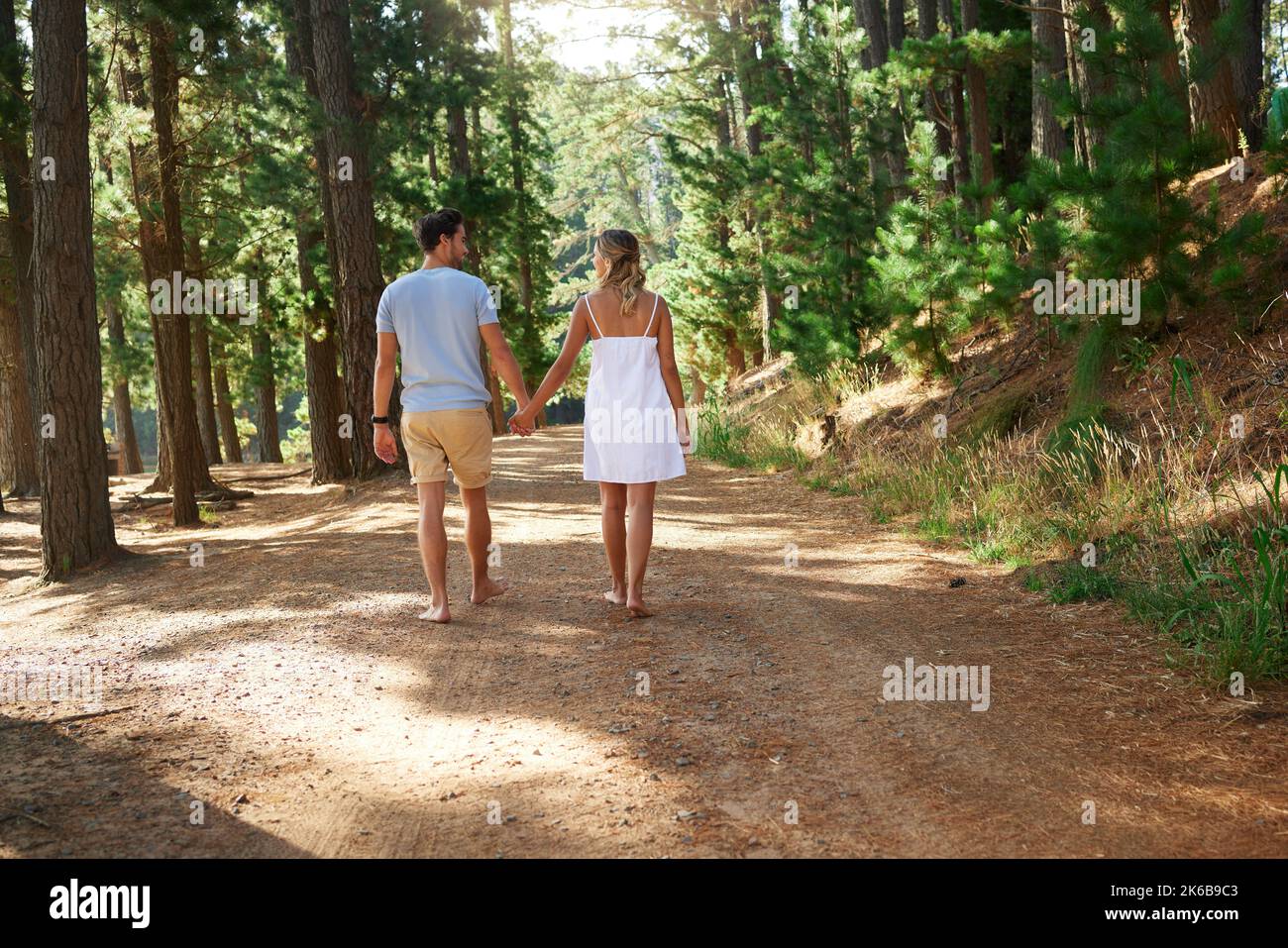 Ich liebe dich bis zu meinem letzten Atemzug. Ein liebevolles Paar auf einem Spaziergang durch den Wald. Stockfoto