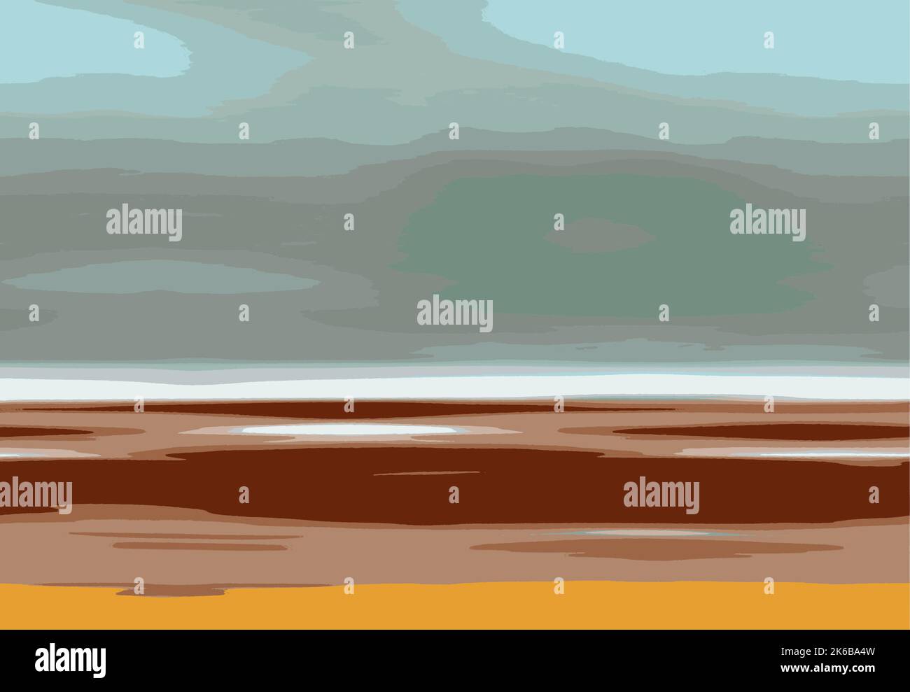 Abstrakte Landschaftskunst Illustration mit Strand, Himmelswolken und Ozeanvektor - Blau und Goldene Farben Stock Vektor