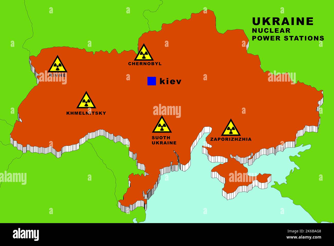 Ukraine: 3D Abbildung Kernkraftwerksstandorte mit nuklearen Symbolen und nuklearen Standorten in der dreidimensionalen Karte der von Krieg gefährdeten Ukraine. Stockfoto