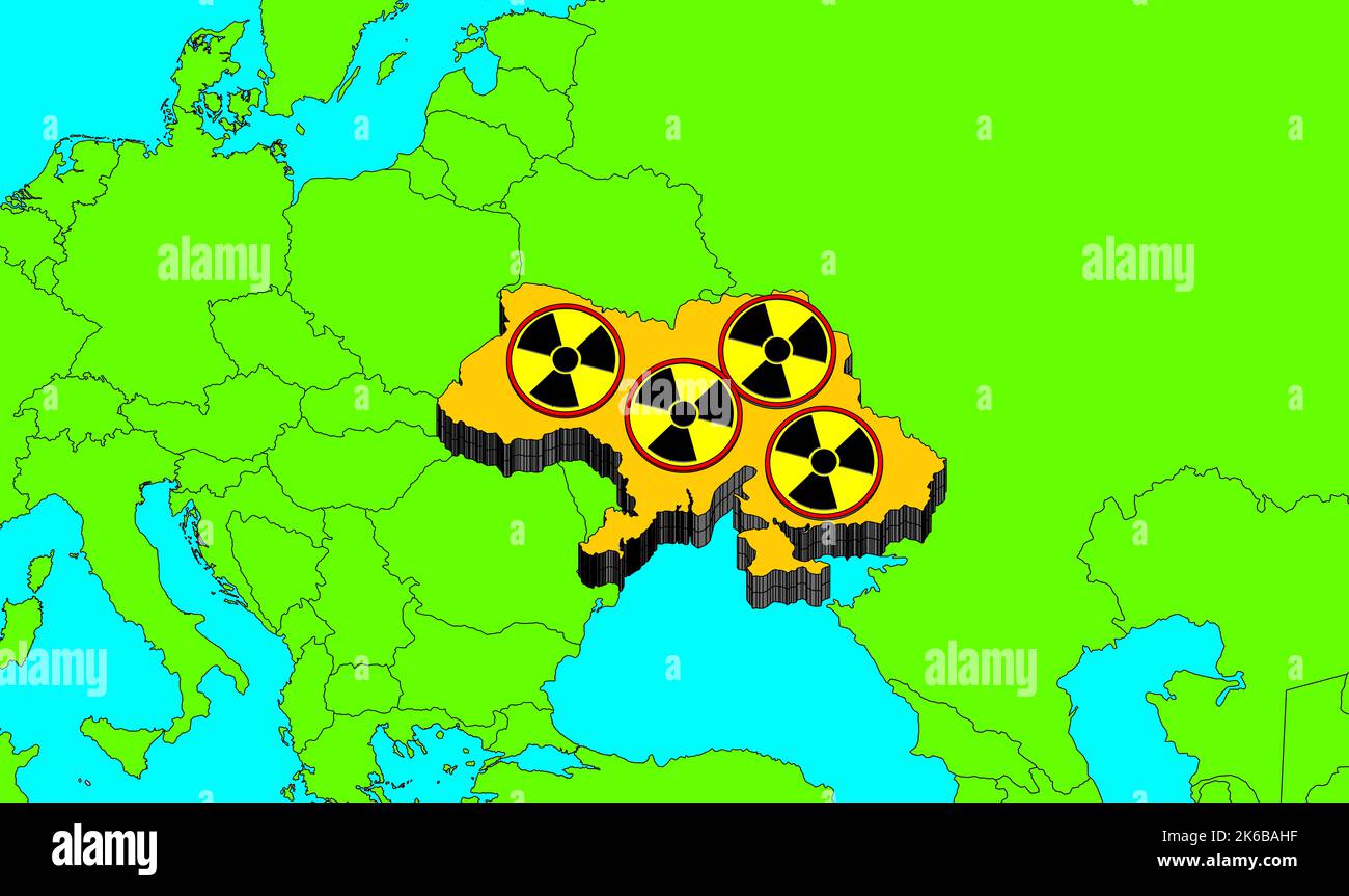 Ukraine, 3D-Illustration von Kernkraftwerksstandorten mit nuklearen Symbolen und Kernstandorten in der dreidimensionalen Karte der Ukraine, die von Krieg bedroht ist. Stockfoto