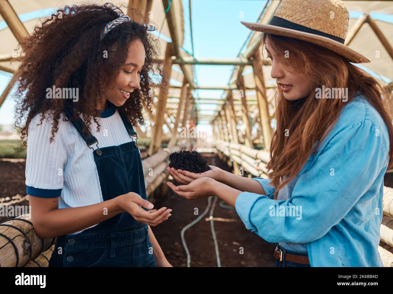 Gesunder Boden hilft beim Aufbau einer starken, produktiven Pflanze. Zwei junge Frauen untersuchen den Boden, während sie auf einem Bauernhof zusammenarbeiten. Stockfoto