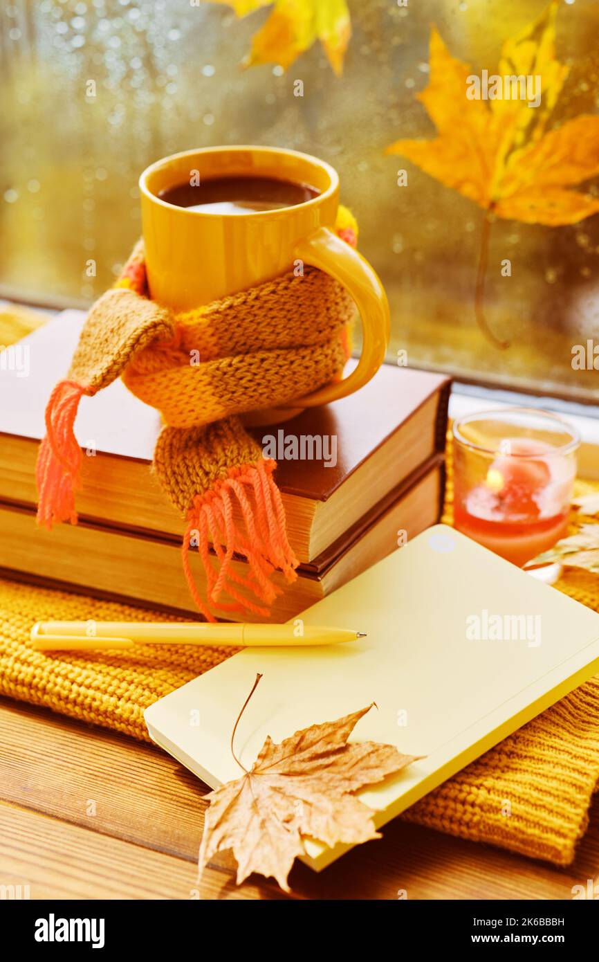 Tasse Tee, Herbstblätter, Bücher, Notizbuch und rotes Strickkariert auf Holztisch. Stockfoto