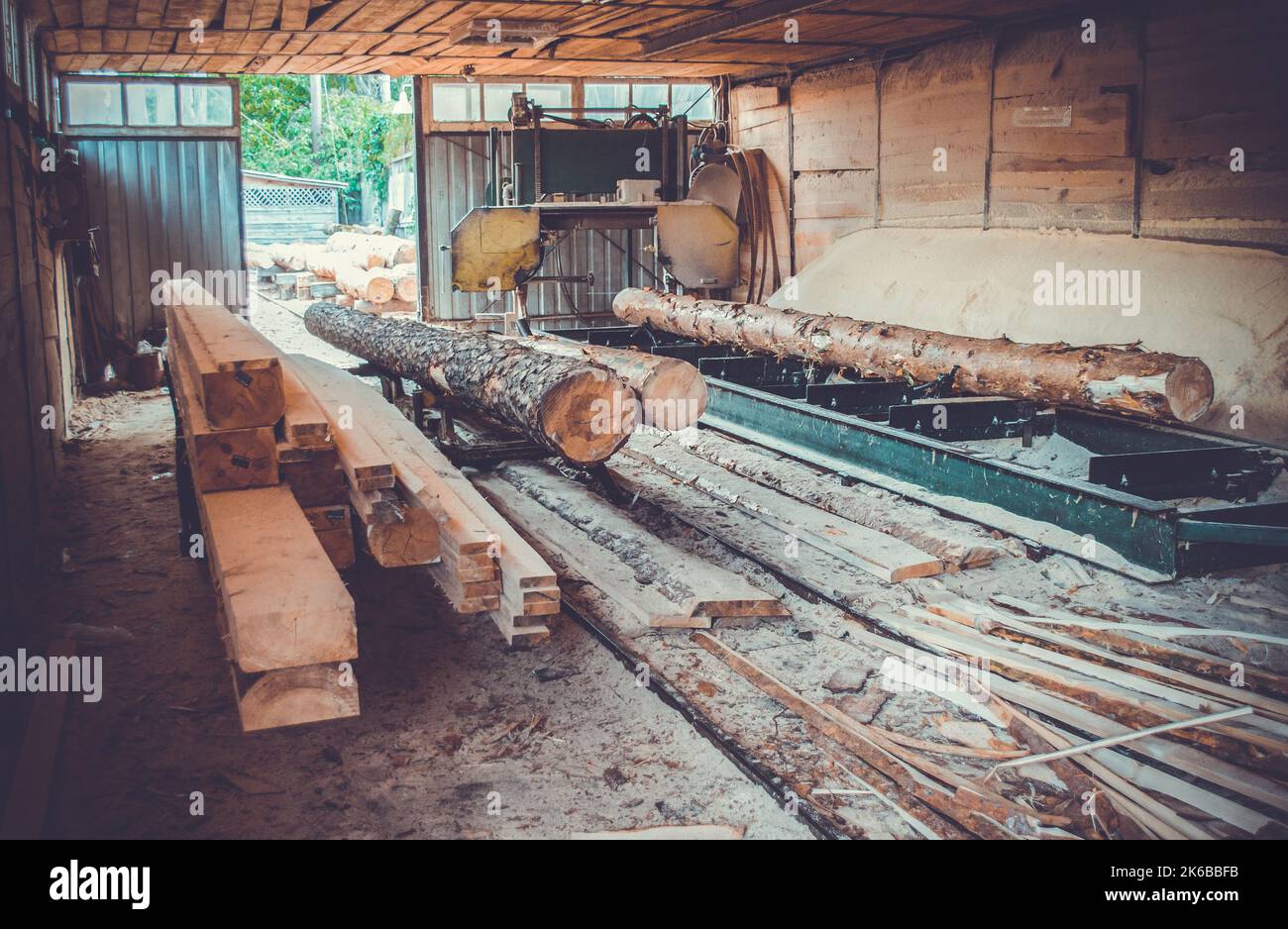 Sägewerk. Prozess der Bearbeitung von Protokollen in der Ausrüstung Sägewerk Maschine Sägen den Baumstamm auf den Brettern. Holz Sägemehl Arbeit Sägen Holz Holz Holzbearbeitung Stockfoto