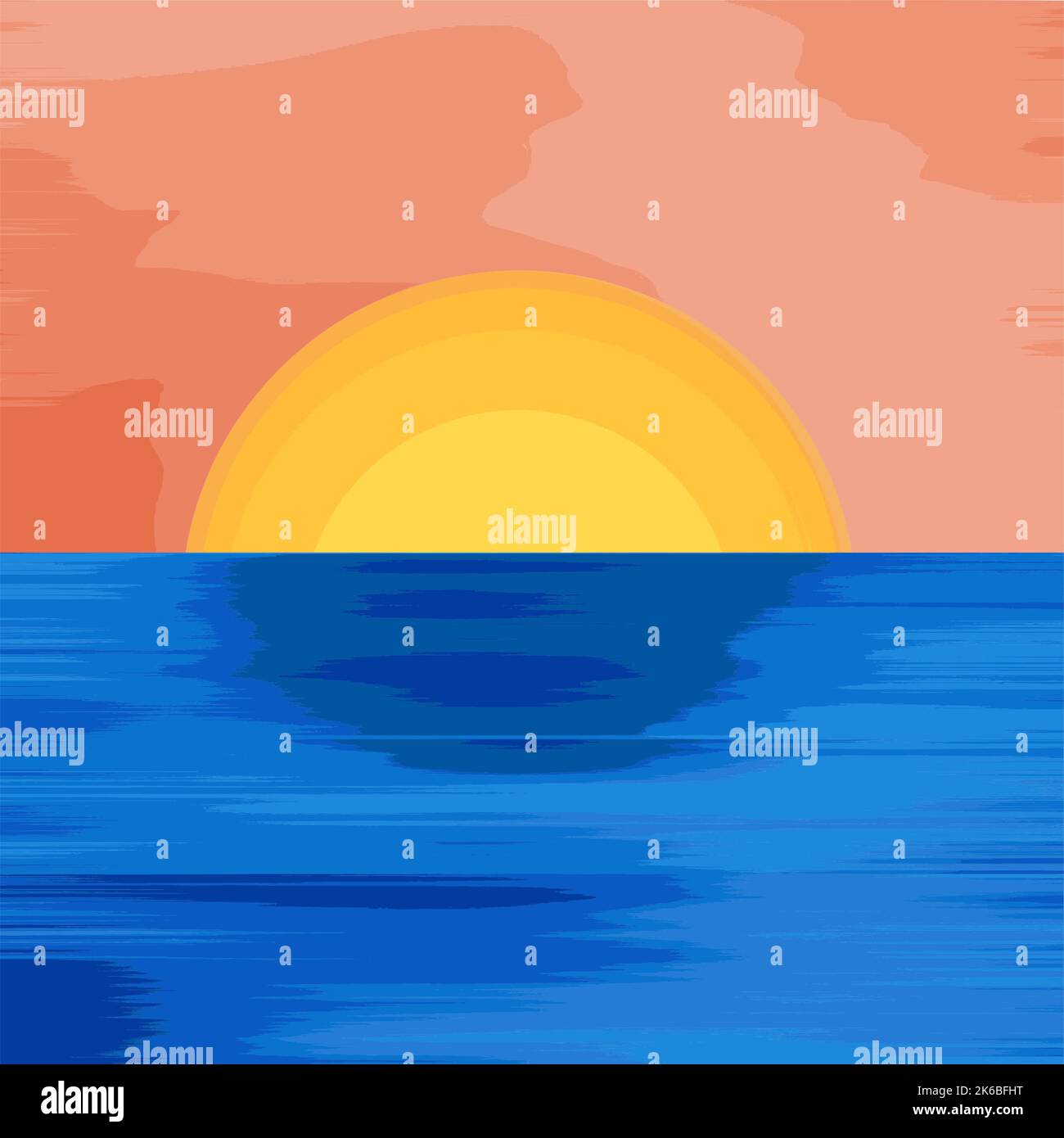 Abstrakte Landschaftskunst Illustration Horizont Himmel Ozean Sonne Sonnenuntergang Vektor - Blau und Orange Farben Stock Vektor