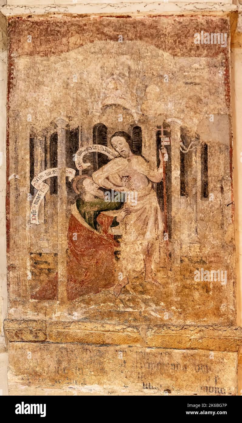 Mittelalterliche Wandmalerei im Kirchenschiff der St Albans Cathedral, St.Albans, Hertfordshire, England, Vereinigtes Königreich. Stockfoto