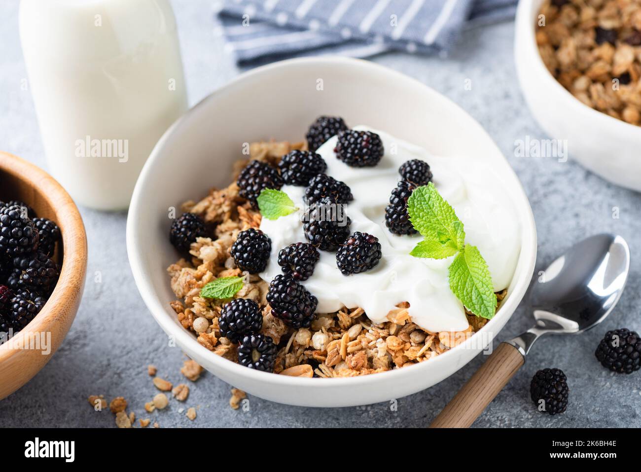 Gesundes vegetarisches Frühstück Müslischale mit Joghurt und Brombeeren. Nahaufnahme. Gewichtsverlust, saubere Ernährung Diät-Konzept Stockfoto