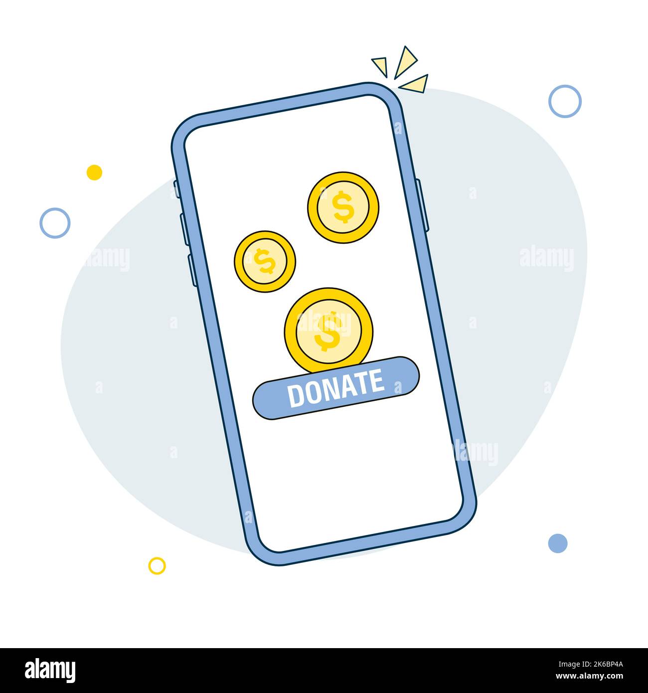 Goldmünze und Spendentaste auf dem Smartphone-Bildschirm. Moderne Nächstenliebe, Spendenkonzepte. Vektor-Illustration mit flachem Design Stock Vektor