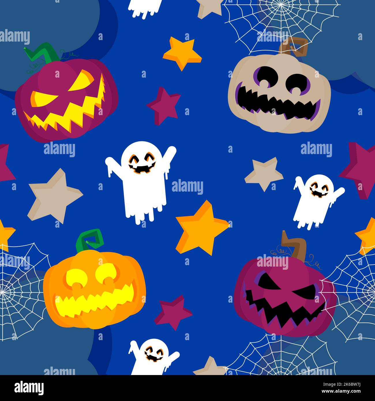 Nahtloses Halloween-Muster mit Kürbis, gruseliger Geist, Wolke, Spinnennetz und Sternen. Vektorhintergrund, Geschenkpapier, Einladungen, Grußkarten. Te Stock Vektor