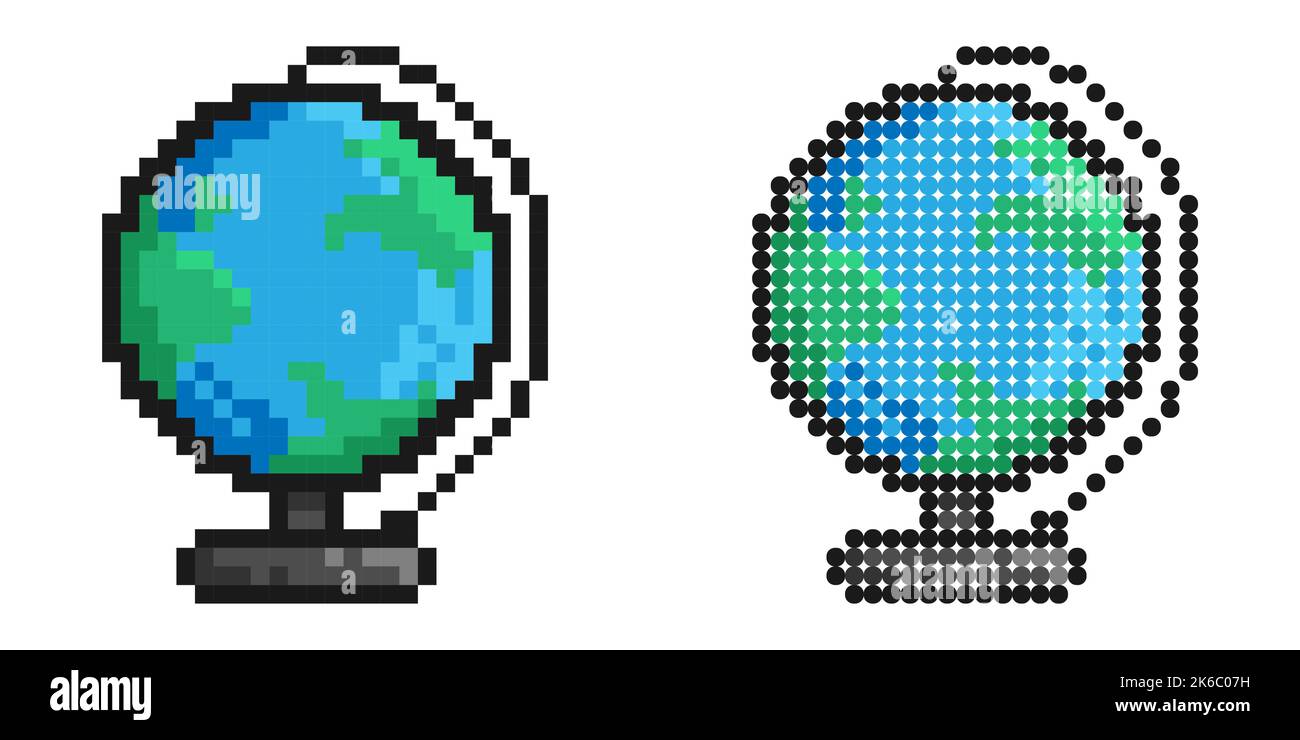Pixelsymbol. Planet Erde Modellglobus für Training. Studieren von Geographie in der Schule. Einfache Retro-Spiel Vektor isoliert auf weißem Hintergrund Stock Vektor